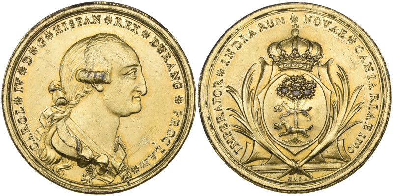 Mexico, Carlos IV, Proclamation in Durango, 1790, bronze-gilt medal, by G.A. Gil...