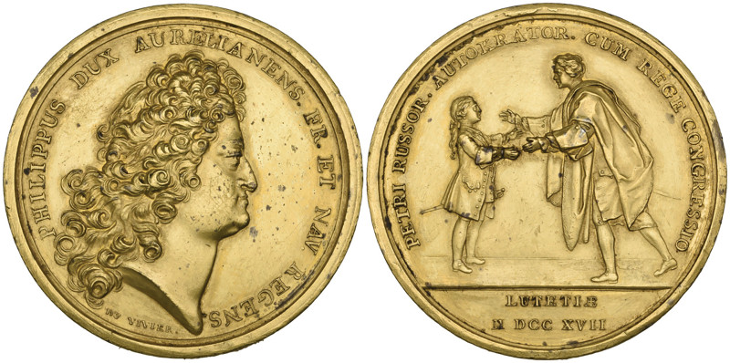 Russia, Visit of Peter the Great to France, 1717, bronze-gilt medal, by Du Vivie...