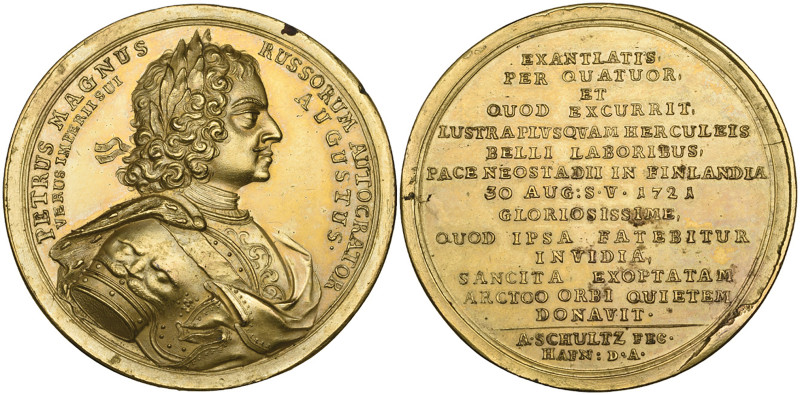 Russia, Peter the Great, Peace of Nystadt, 1721, bronze-gilt medal, by A. Schult...