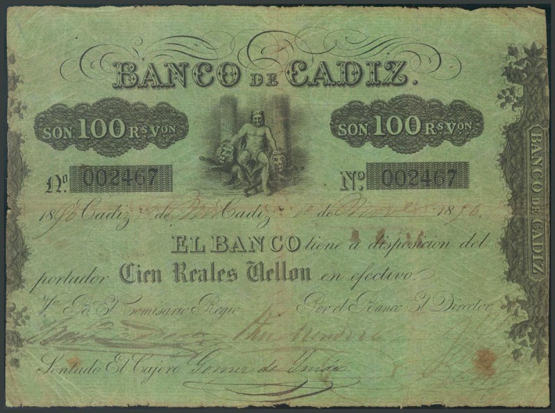 BANCO DE CADIZ. Emisión I. 100 Reales. 10 de Noviembre de 1856 (fechado a mano)....