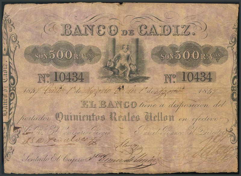 BANCO DE CADIZ. Emisión I. 500 Reales. 10 de Agosto de 1859 (fechado a mano). Cu...