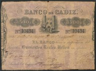 BANCO DE CADIZ. Emisión I. 500 Reales. 10 de Agosto de 1859 (fechado a mano). Cuatro firmas y resello en seco. Habituales erosiones que acompañan a lo...