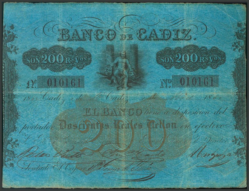 BANCO DE CADIZ. Emisión II. 200 Reales. 1 de Abril de 1864 (fechado a mano). Cua...