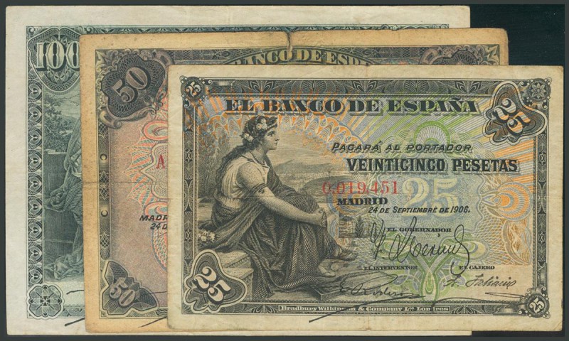 Conjunto de los billetes de 25 Pesetas (Sin serie), 50 Pesetas (Serie A) y 100 P...