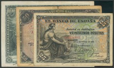 Conjunto de los billetes de 25 Pesetas (Sin serie), 50 Pesetas (Serie A) y 100 Pesetas (Serie B) emitidos en el año 1906. A EXAMINAR. (Edifil 2017: 31...