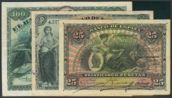 Conjunto de los billetes de 25 Pesetas, 50 Pesetas y 100 Pesetas (todos ellos sin serie) emitidos en el año 1907. A EXAMINAR. (Edifil 2017: 318, 319, ...