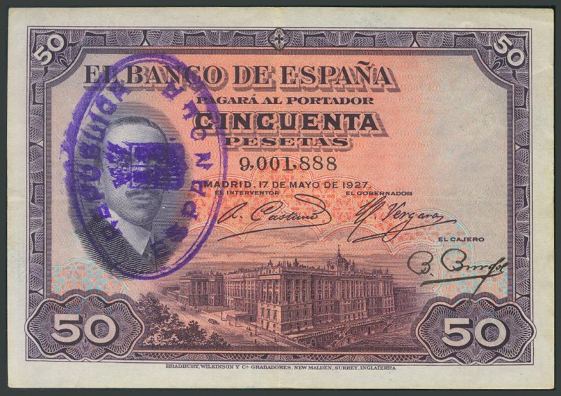 50 Pesetas. 17 de Mayo de 1927. Estampado con sello de caucho "República Español...