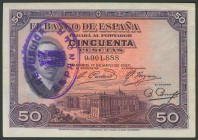 50 Pesetas. 17 de Mayo de 1927. Estampado con sello de caucho "República Española". Sin serie. (Edifil 2017: 332). EBC.