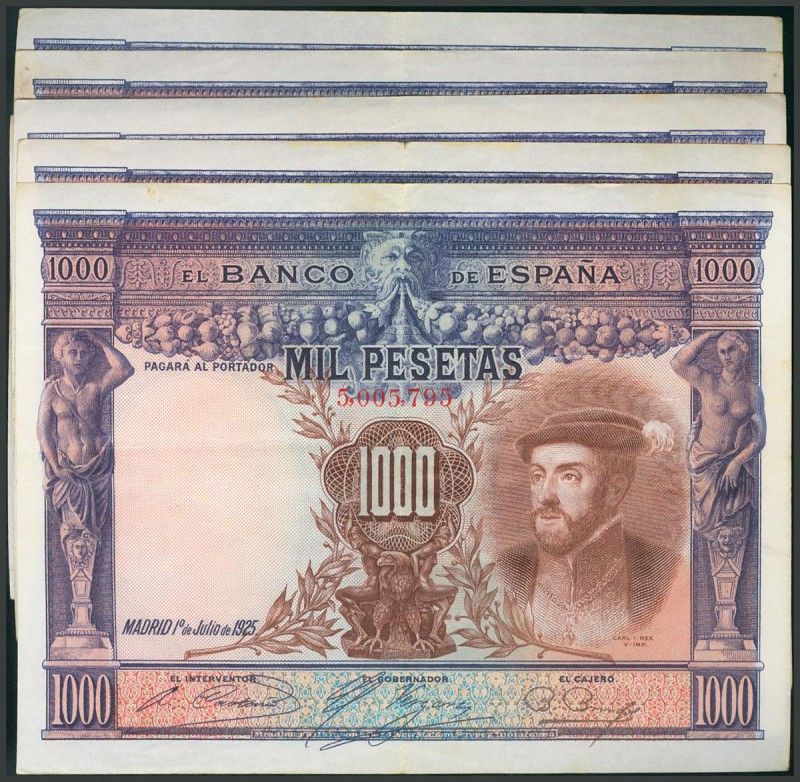 Conjunto de 5 billetes de 1000 Pesetas de la emisión del 1 de Julio de 1925. Ser...