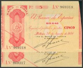 5 Pesetas. 30 de Agosto de 1936. Banco de España, Bilbao. Antefirma Banco de Vizcaya. Pareja correlativa. Serie A. (Edifil 2017: 368Aa). Apresto origi...