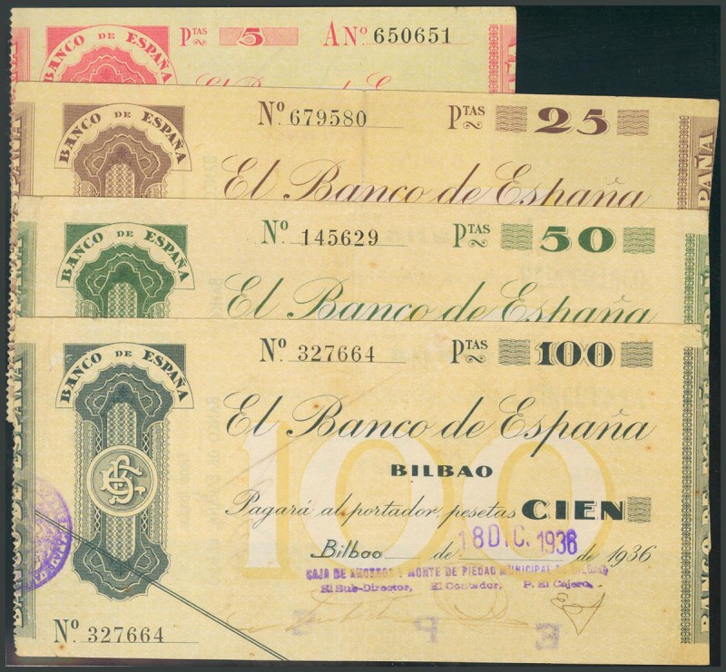 Serie completa de los cuatro billetes de 5, 25, 50 y 100 Pesetas. 1936. Banco de...