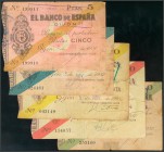 Serie de los cinco billetes de 5, 10, 25, 50 y 100 Pesetas. 5 de Noviembre de 1936. Banco de España, Gijón. (Edifil 2017: 380/84). BC+/MBC.