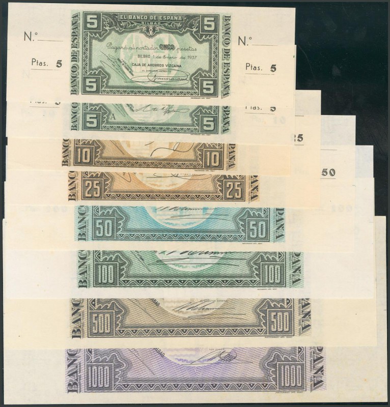 Serie de los ocho billetes de 5 (con serie y sin serie), 10, 25, 50, 100, 500 y ...
