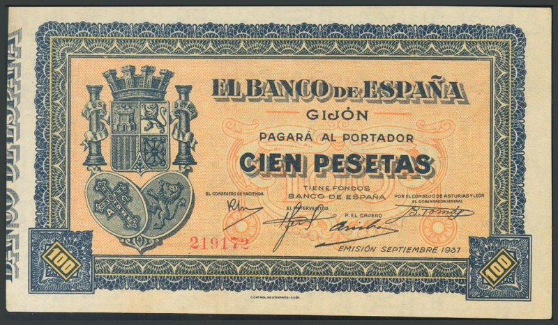100 Pesetas. Septiembre de 1937. Banco de España, Gijón. Sin serie. (Edifil 2017...