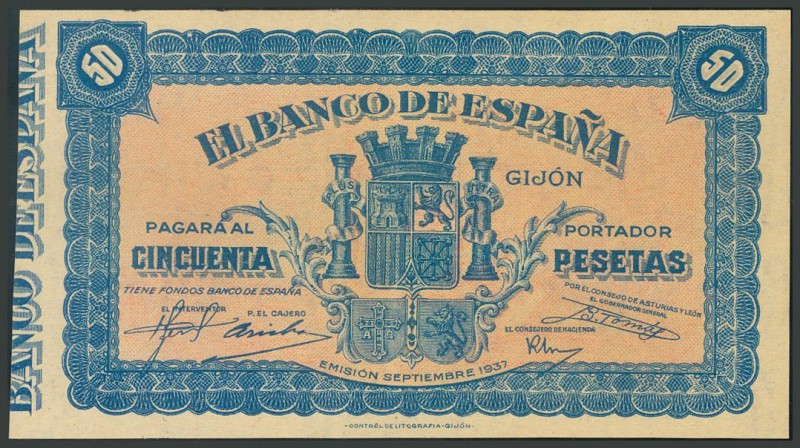 50 Pesetas NO EMITIDO. Septiembre de 1937. Banco de España, Gijón. (Edifil 2017:...