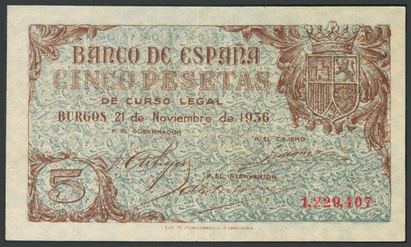 5 Pesetas. 21 de Noviembre de 1936. Banco de España, Burgos. Sin serie. (Edifil ...