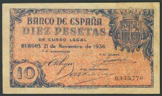 10 Pesetas. 21 de Noviembre de 1936. Banco de España, Burgos. Sin serie. (Edifil 2017: 418). Raro. MBC+.