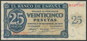 25 Pesetas. 21 de Noviembre de 1936. Banco de España, Burgos. Serie R. (Edifil 2017: 419a). Conserva su apresto original. Raro así. SC.