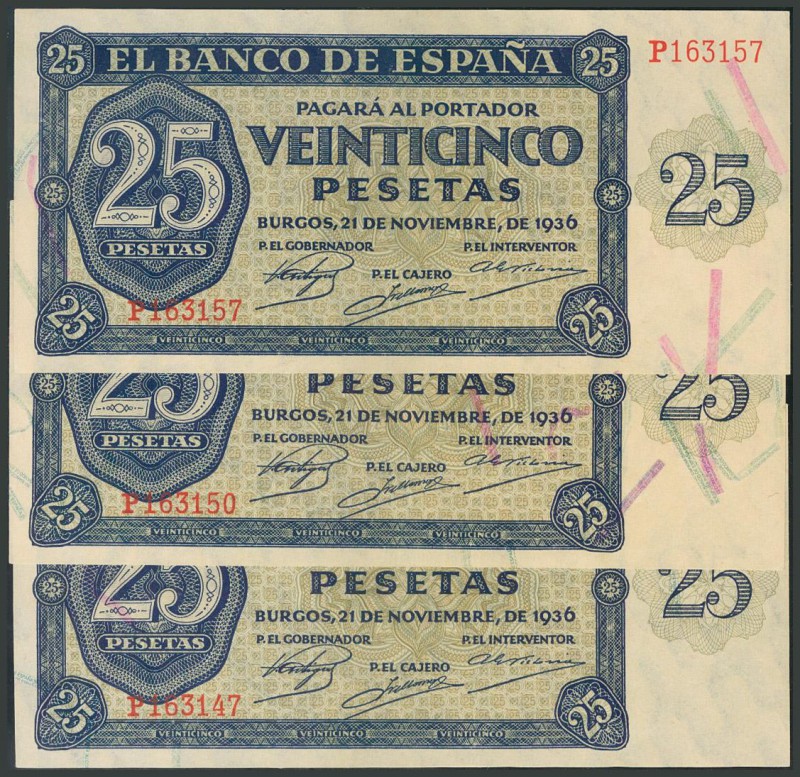 25 Pesetas. 21 de Noviembre de 1936. Banco de España, Burgos, trío casi consecut...