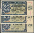 25 Pesetas. 21 de Noviembre de 1936. Banco de España, Burgos, trío casi consecutivo. Serie P. Ondulados verticalmente, fibra sin romper. Apresto origi...