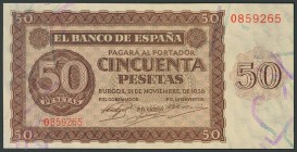 50 Pesetas. 21 de Noviembre de 1936. Banco de España, Burgos. Serie O. (Edifil 2017: 420a). Conserva su apresto original. SC-.
