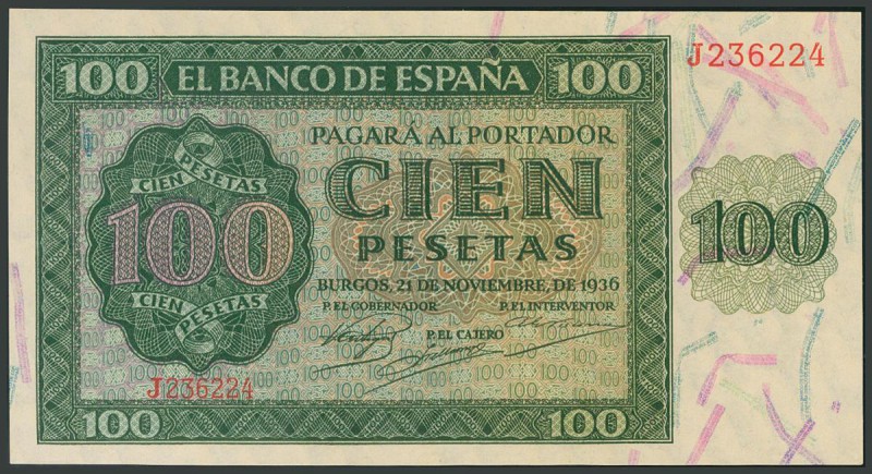 100 Pesetas. 21 de Noviembre de 1936. Banco de España, Burgos. Serie J. (Edifil ...