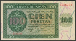 100 Pesetas. 21 de Noviembre de 1936. Banco de España, Burgos. Serie J. (Edifil 2017: 421a). Conserva su apresto original. SC.