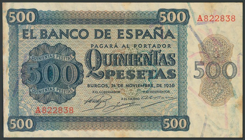 500 Pesetas. 21 de Noviembre de 1936. Banco de España, Burgos. Serie A. Reparaci...