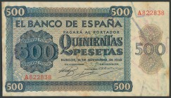 500 Pesetas. 21 de Noviembre de 1936. Banco de España, Burgos. Serie A. Reparaciones en el margen izquierdo. (Edifil 2017: 422). MBC-.