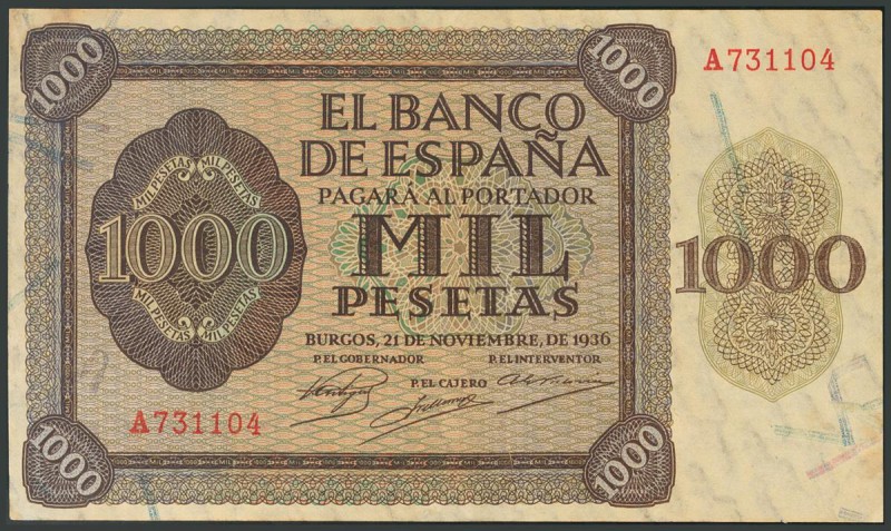 1000 Pesetas. 21 de Noviembre de 1936. Banco de España, Burgos. Serie A. Tonaliz...