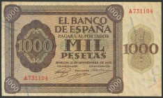 1000 Pesetas. 21 de Noviembre de 1936. Banco de España, Burgos. Serie A. Tonalizado. (Edifil 2017: 423). EBC-.