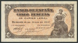 5 Pesetas. 18 de Julio de 1937. Banco de España, Burgos. Sin serie. (Edifil 2017: 424). Conserva su apresto original. SC-.