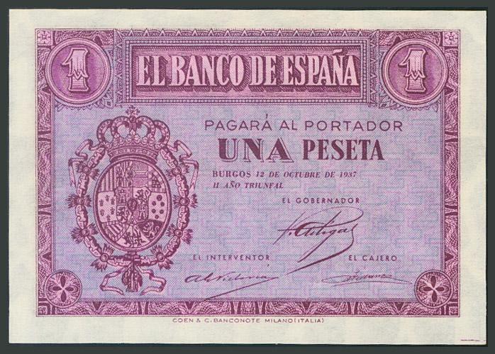 1 Peseta. 12 de Octubre de 1937. Banco de España, Burgos. Serie A. (Edifil 2017:...