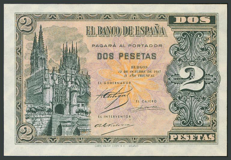 2 Pesetas. 12 de Octubre de 1937. Banco de España, Burgos. Serie A. (Edifil 2017...