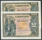 2 Pesetas. 12 de Octubre de 1937. Banco de España, Burgos. Pareja correlativa. Serie B. (Edifil 2017: 426a). Apresto original. Muy raro. SC.