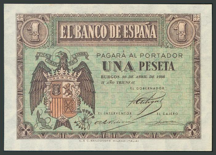 1 Peseta. 30 de Abril de 1938. Banco de España, Burgos. Serie A. (Edifil 2017: 4...