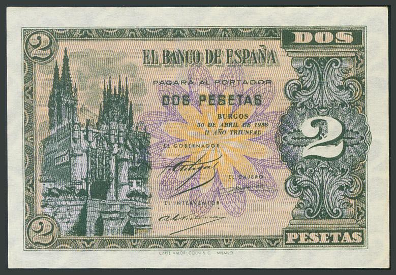 2 Pesetas. 30 de Abril de 1938. Banco de España, Burgos. Serie A. (Edifil 2017: ...
