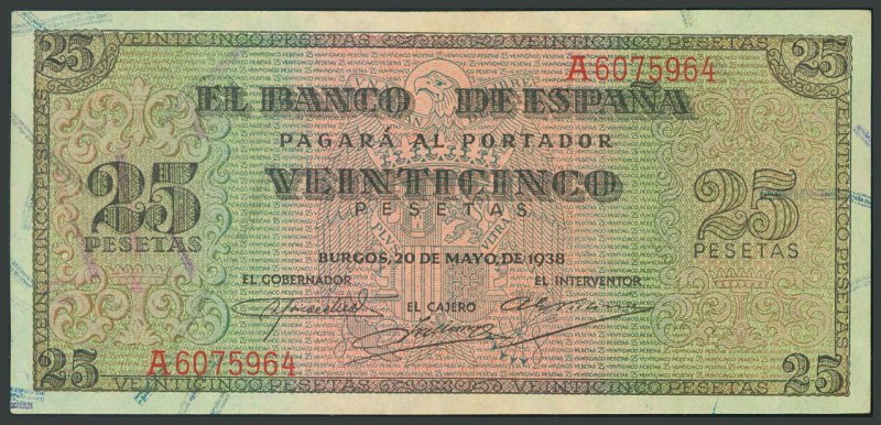 25 Pesetas. 20 de Mayo de 1938. Banco de España, Burgos. Serie A. (Edifil 2017: ...