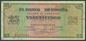25 Pesetas. 20 de Mayo de 1938. Banco de España, Burgos. Serie A. (Edifil 2017: 430). EBC-.