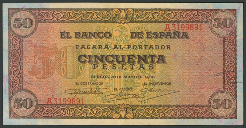 50 Pesetas. 20 de Mayo de 1938. Banco de España, Burgos. Serie A. (Edifil 2017: ...
