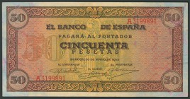 50 Pesetas. 20 de Mayo de 1938. Banco de España, Burgos. Serie A. (Edifil 2017: 431). EBC+.