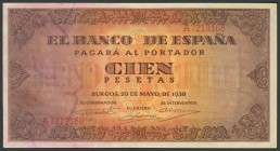100 Pesetas. 20 de Mayo de 1938. Banco de España, Burgos. Serie A. (Edifil 2017: 432). Conserva su apresto original. EBC+.
