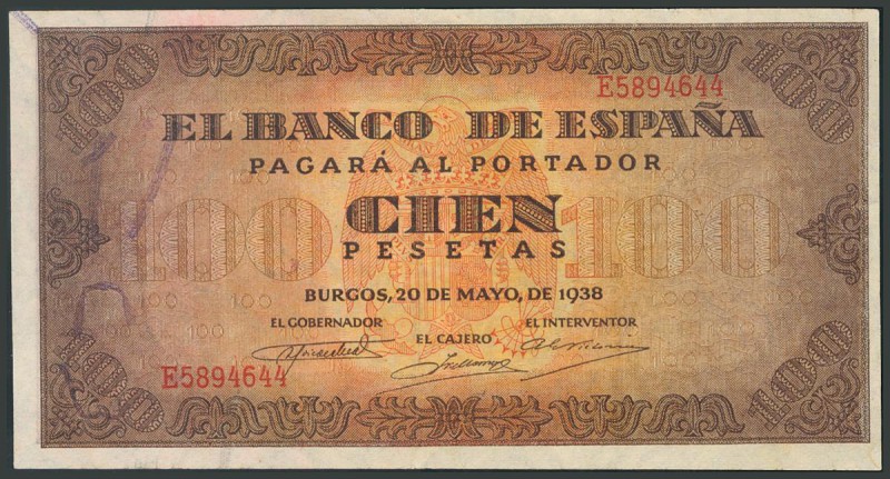 100 Pesetas. 20 de Mayo de 1938. Banco de España, Burgos. Serie E. (Edifil 2017:...