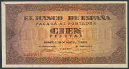 100 Pesetas. 20 de Mayo de 1938. Banco de España, Burgos. Serie E. (Edifil 2017: 432a). EBC.