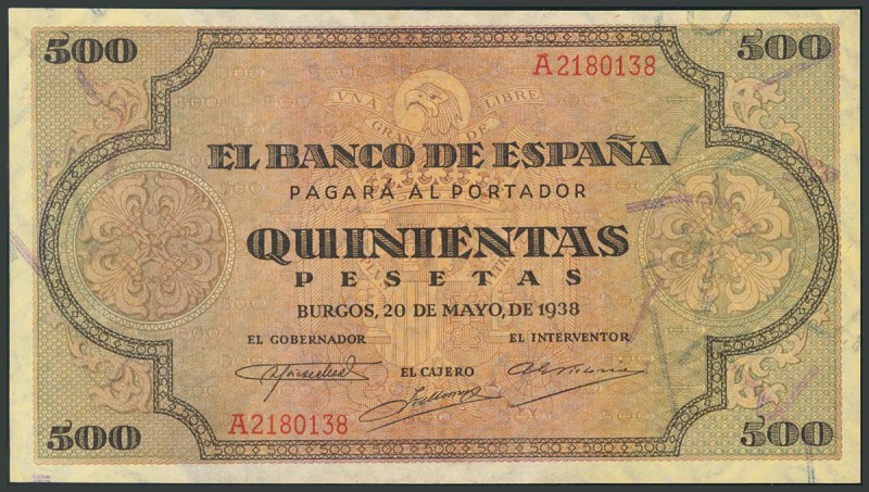 500 Pesetas. 20 de Mayo de 1938. Banco de España, Burgos. Serie A. (Edifil 2017:...