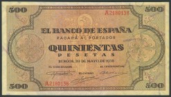 500 Pesetas. 20 de Mayo de 1938. Banco de España, Burgos. Serie A. (Edifil 2017: 433). Conserva su apresto original. EBC+.