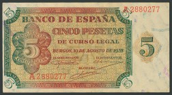5 Pesetas. 10 de Agosto de 1938. Banco de España, Burgos. Serie A. (Edifil 2017: 435). SC.