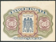 50 Pesetas NO EMITIDO, sólo existe el reverso. Prueba calcográfica del Escudo de España de 1939. (Edifil 2017: NE47P). SC.