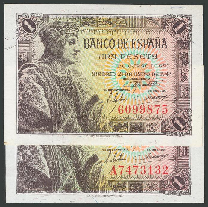 Conjunto de 2 billetes de 1 Peseta emitidos el 21 de Mayo de 1943, uno sin serie...