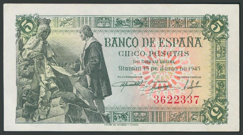 5 Pesetas. 15 de Junio de 1945. Sin serie. (Edifil 2017: 449). SC-.